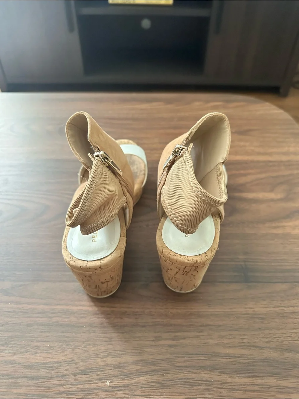 Pelle Moda Tan Suede and White Cork Wedge Heels Size 7